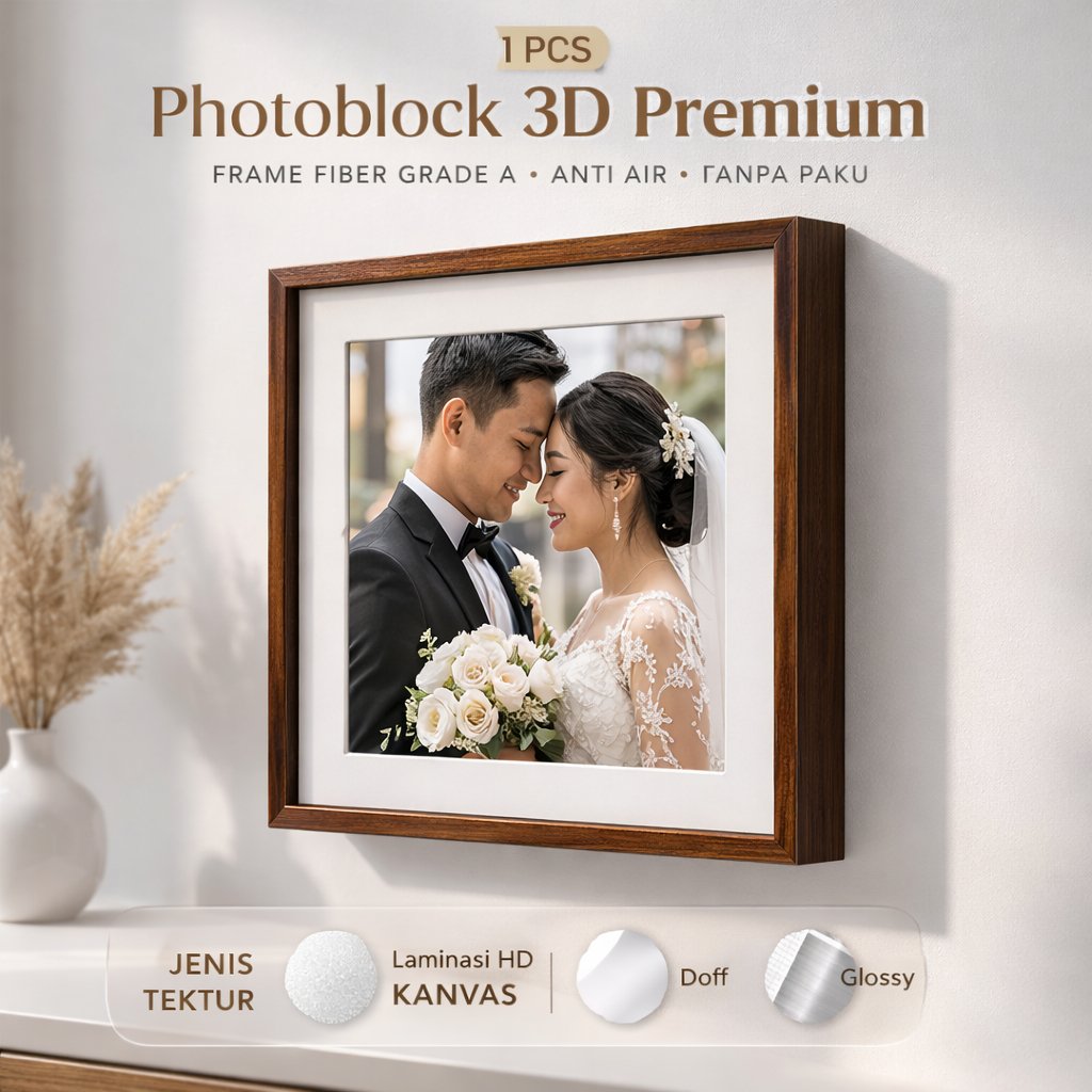 Beauty Frame PhotoBlock 3D Motif Kayu Coklat 20x20 Glossy Mengkilap - Tanpa Paku