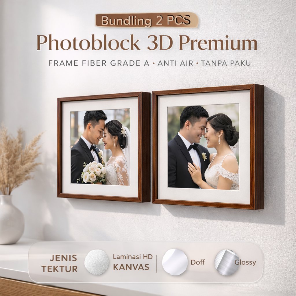 Beauty Frame PhotoBlock 3D Motif Kayu Coklat 20x20 Glossy Mengkilap - Tanpa Paku